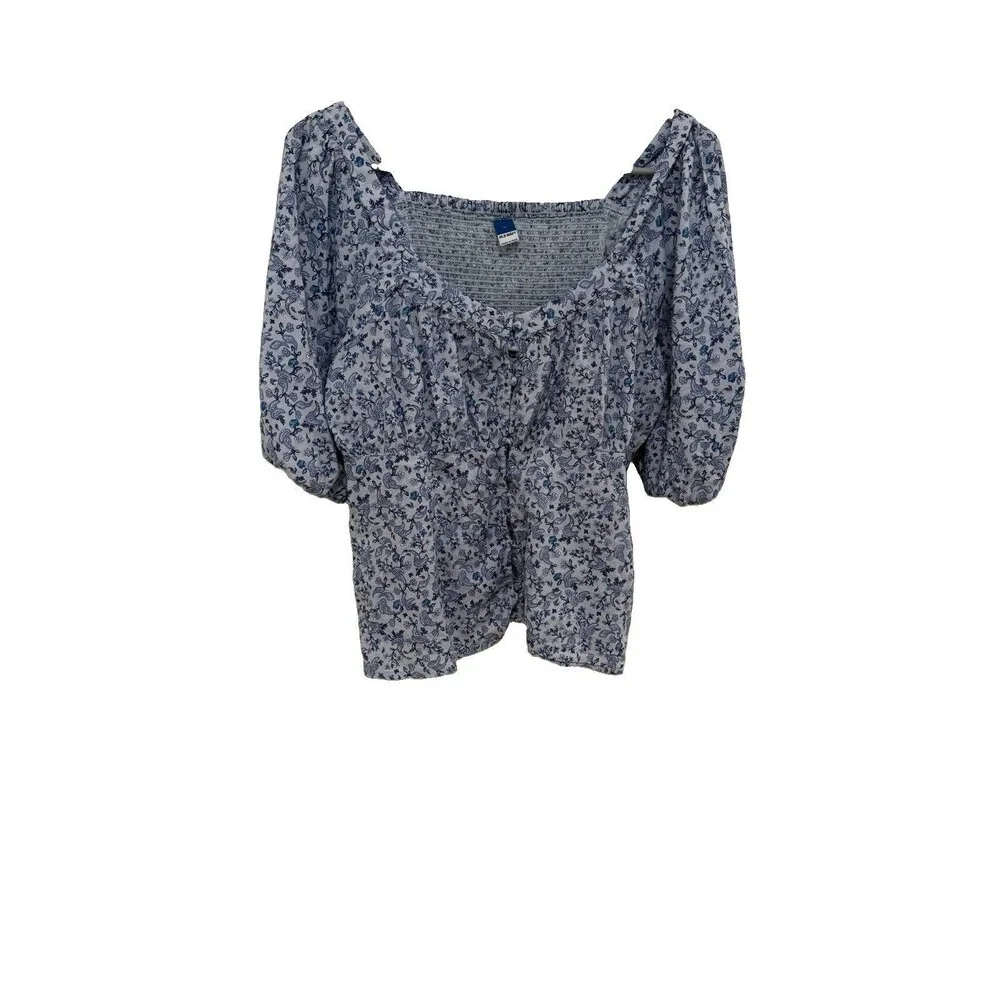 Old Navy Women's M Blue Paisley Smocked Puff Sleeve Babydoll Button Blouse